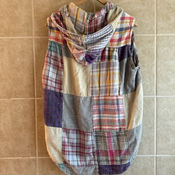 Vintage 90s Paragraff Vest Mens M Plaid Patchwork Flannel Hooded Button Grunge - Picture 2 of 10